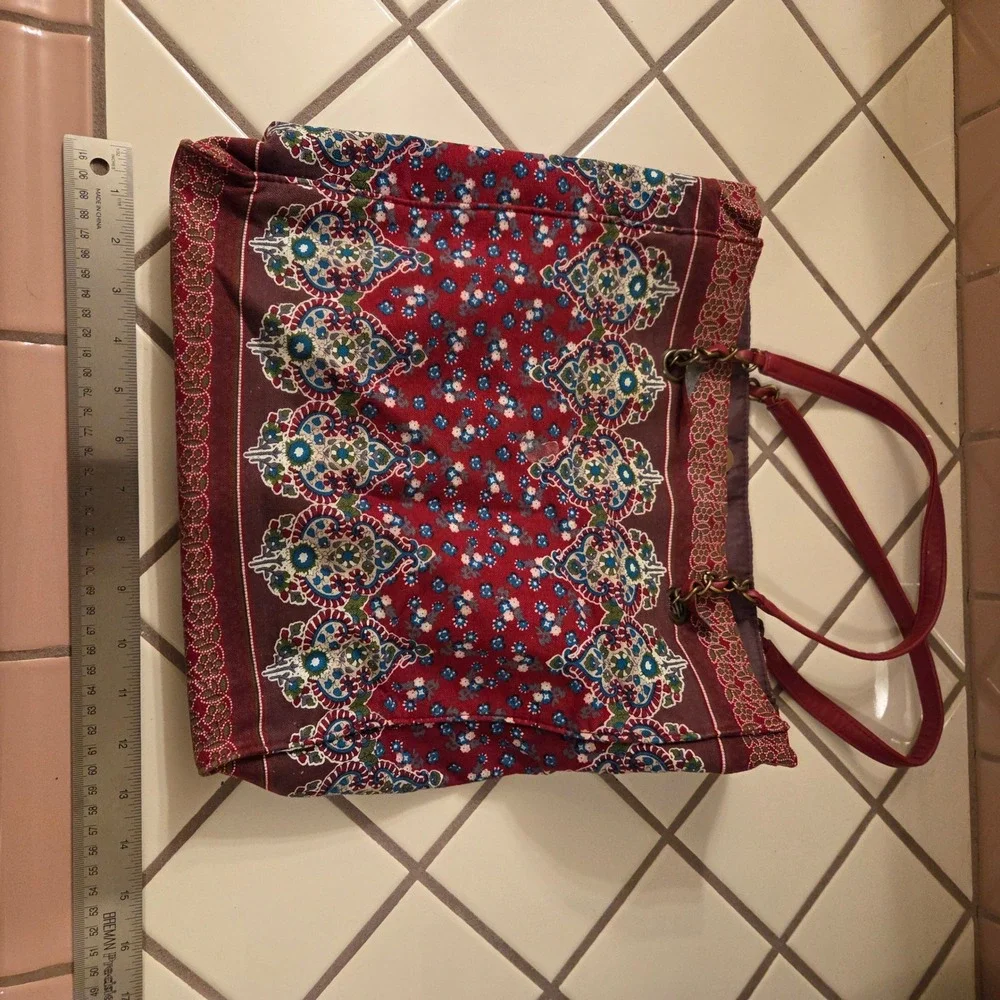 Red Floral Paisley Canvas Tote Bag Bohemian Bronze Chain Strap Shoulder Bag
